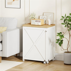 Folding Sewing Table, Farmhouse Sewing Machine Cabinet w/ Barn Door, 18 Pegs & 2 Trays, Rolling Craft Station Side Desk w/ Lockable Wheels