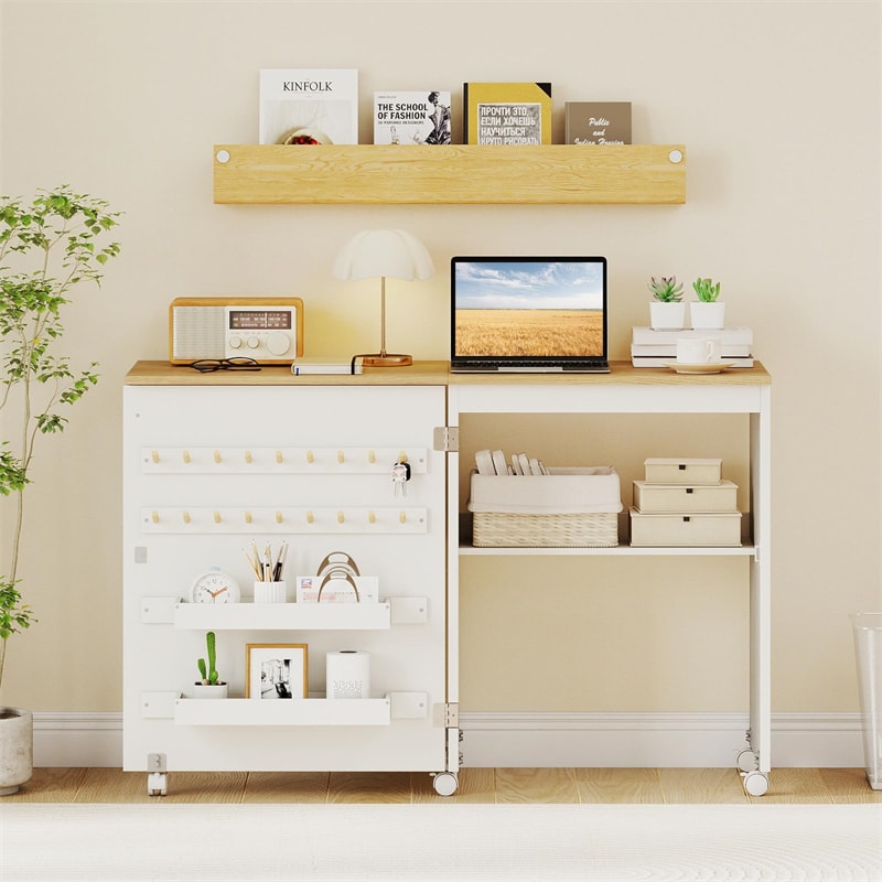 Folding Sewing Table, Farmhouse Sewing Machine Cabinet w/ Barn Door, 18 Pegs & 2 Trays, Rolling Craft Station Side Desk w/ Lockable Wheels