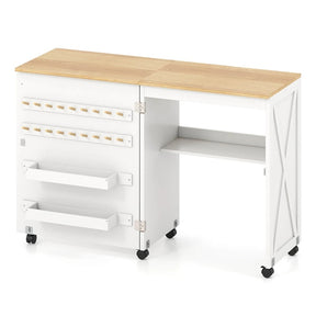 Folding Sewing Table, Farmhouse Sewing Machine Cabinet w/ Barn Door, 18 Pegs & 2 Trays, Rolling Craft Station Side Desk w/ Lockable Wheels