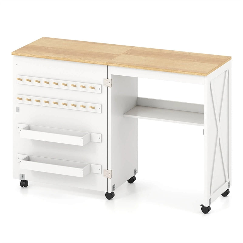 Folding Sewing Table, Farmhouse Sewing Machine Cabinet w/ Barn Door, 18 Pegs & 2 Trays, Rolling Craft Station Side Desk w/ Lockable Wheels
