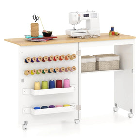 Folding Sewing Table, Farmhouse Sewing Machine Cabinet w/ Barn Door, 18 Pegs & 2 Trays, Rolling Craft Station Side Desk w/ Lockable Wheels