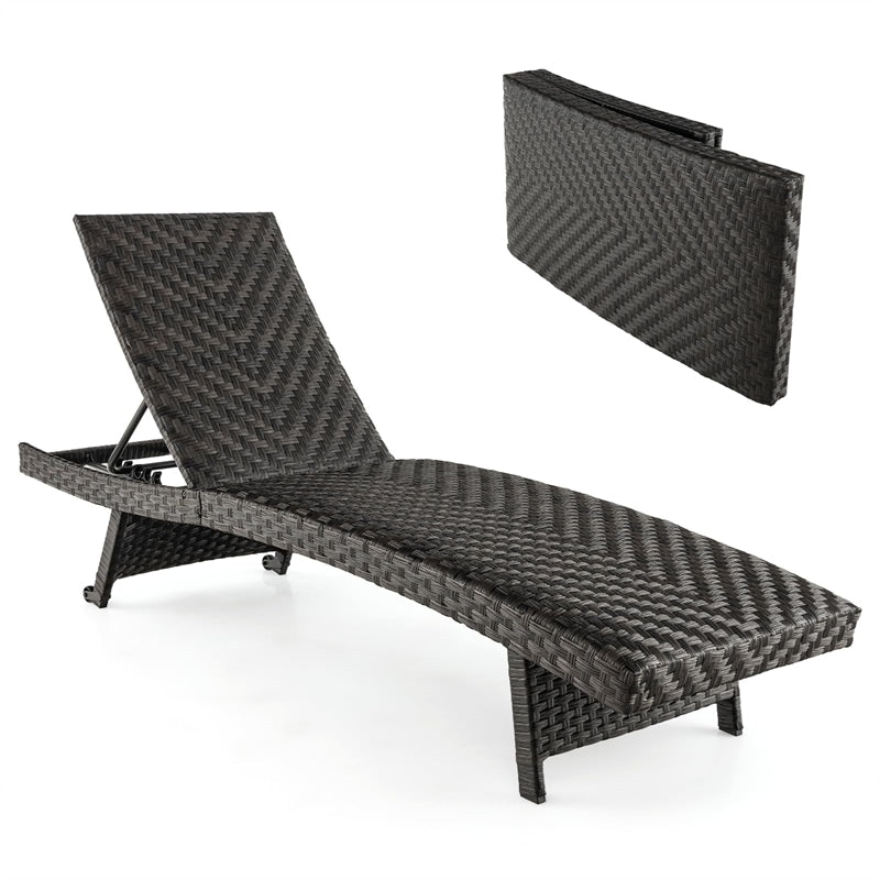 Folding Patio Chaise Lounge Chair, Quick Dry Foam Padded Rattan Recliner with 5-Level Adjustable Backrest & Wheels for Outdoor Backyard Garden
