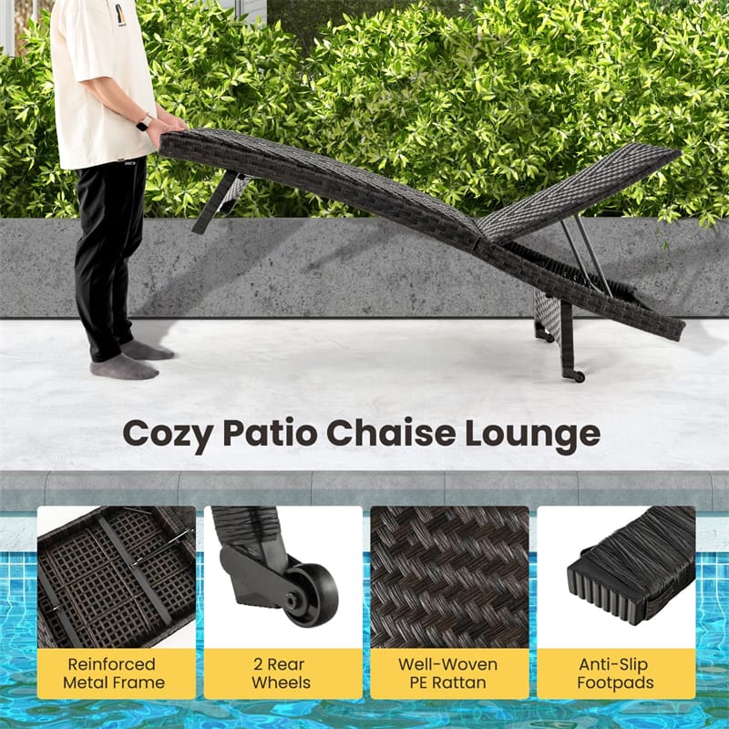 Folding Patio Chaise Lounge Chair, Quick Dry Foam Padded Rattan Recliner with 5-Level Adjustable Backrest & Wheels for Outdoor Backyard Garden