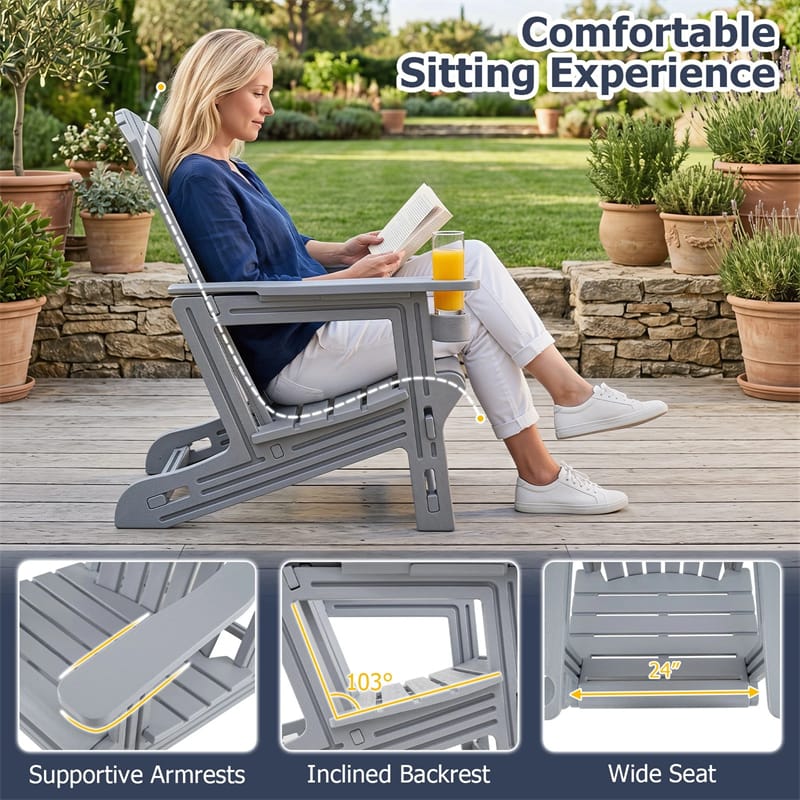 HDPE Adirondack Chair, All-Weather Patio Chair with Cup Holder, Wood-Like Texture, High Back & Wide Seat, 330LBS Outdoor Fire Pit Chair