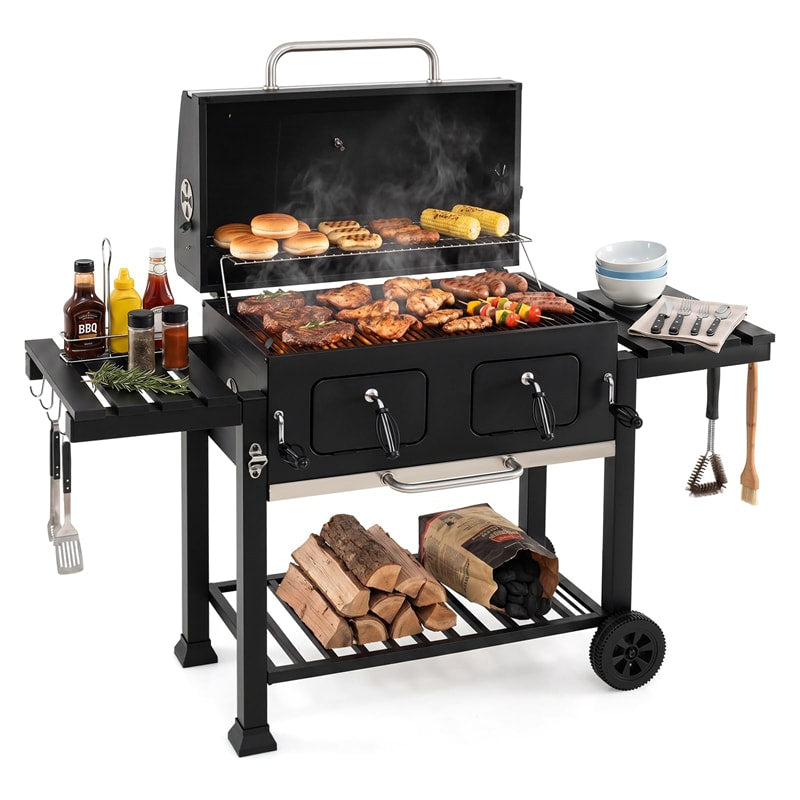 Large Charcoal Grill, 752 sq.in Oversized Outdoor BBQ Smoker with Individual Lifting Charcoal Trays, Folding Side Tables, Wheels & Protective Cover