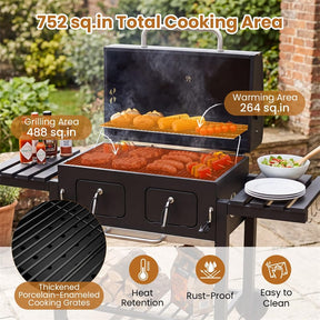 Large Charcoal Grill, 752 sq.in Oversized Outdoor BBQ Smoker with Individual Lifting Charcoal Trays, Folding Side Tables, Wheels & Protective Cover