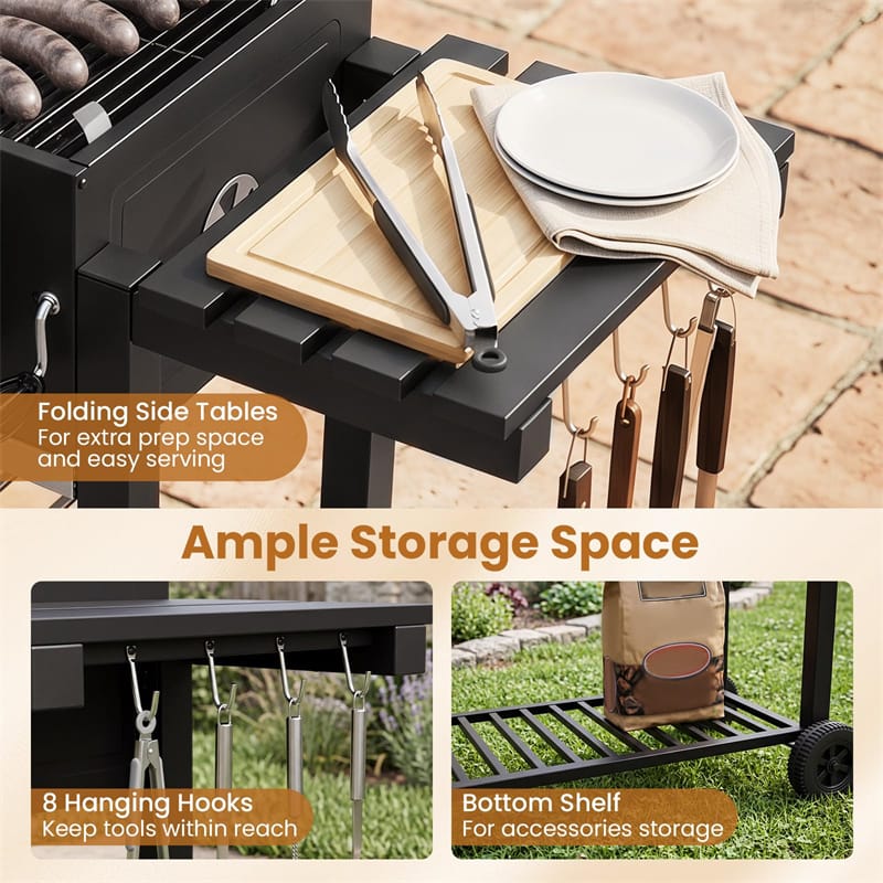 Large Charcoal Grill, 752 sq.in Oversized Outdoor BBQ Smoker with Individual Lifting Charcoal Trays, Folding Side Tables, Wheels & Protective Cover
