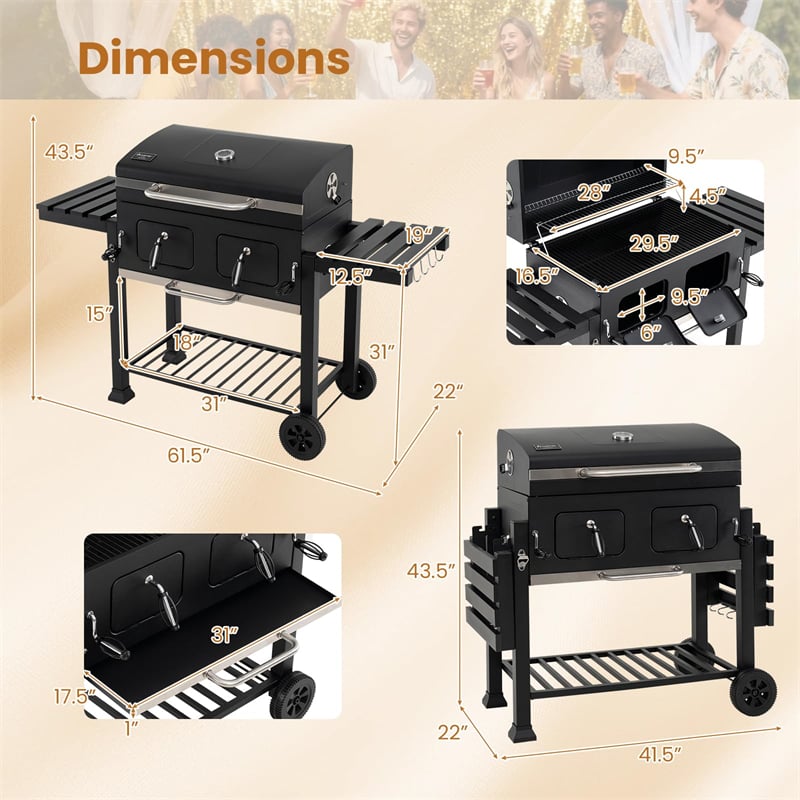 Large Charcoal Grill, 752 sq.in Oversized Outdoor BBQ Smoker with Individual Lifting Charcoal Trays, Folding Side Tables, Wheels & Protective Cover