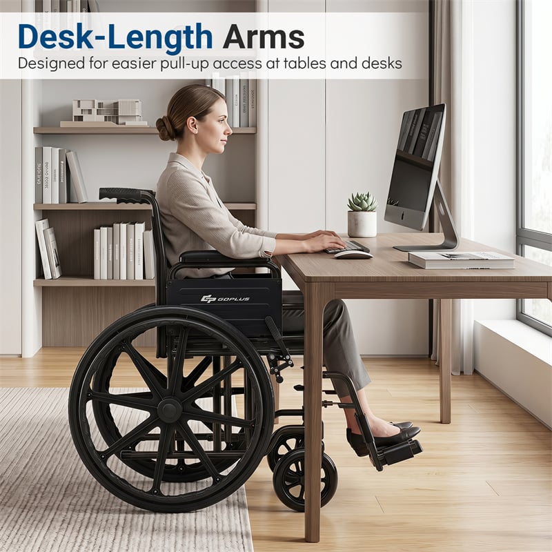 Lightweight Folding Wheelchair for Adults with Swing-Away Footrest & Desk Arm, Portable Travel Transport Wheelchair