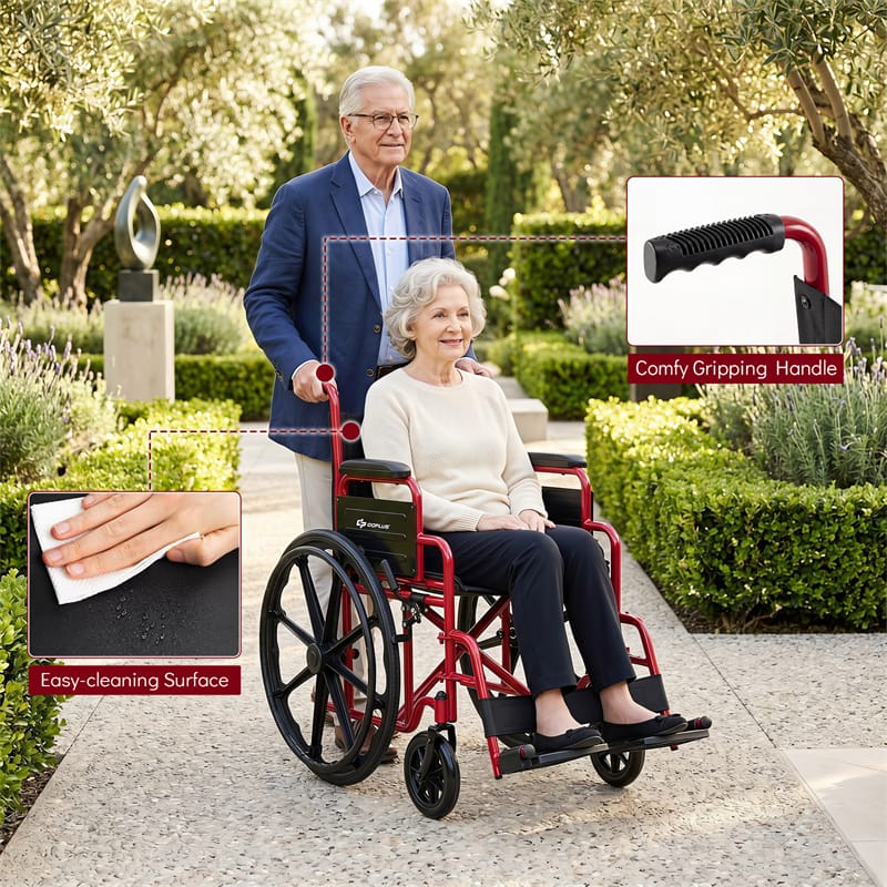 Lightweight Folding Wheelchair for Adults with Swing-Away Footrest & Desk Arm, Portable Travel Transport Wheelchair