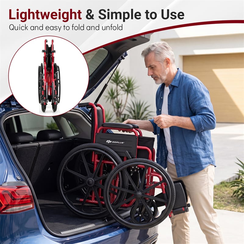 Lightweight Folding Wheelchair for Adults with Swing-Away Footrest & Desk Arm, Portable Travel Transport Wheelchair