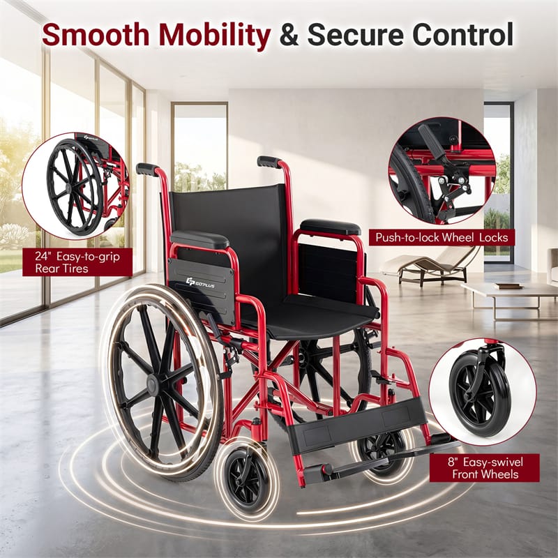 Lightweight Folding Wheelchair for Adults with Swing-Away Footrest & Desk Arm, Portable Travel Transport Wheelchair
