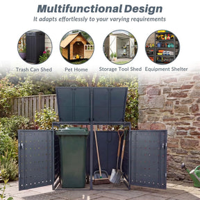 Outdoor Metal Garbage Bin Storage Shed for 2 Trash Cans, 44 Cu.Ft Double Trash Can Enclosure w/ Gas Struts & Lockable Doors, Patio Garden Bin Cabinet
