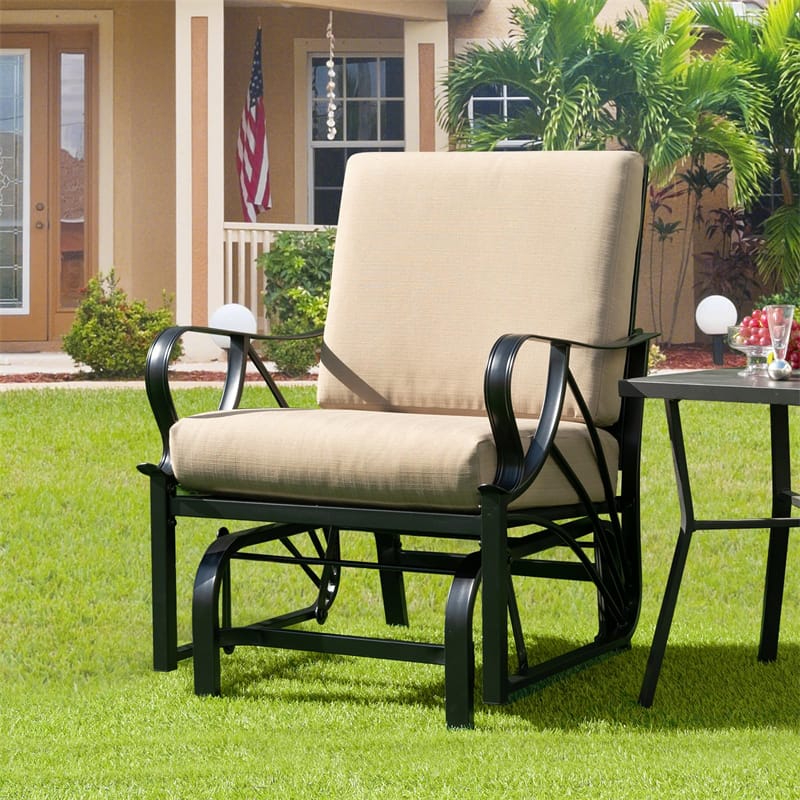 Patio Glider Chair with Thick Cushions Curved Armrest, Heavy Duty Metal Frame Single Person Outdoor Rocking Chair for Porch Garden Yard