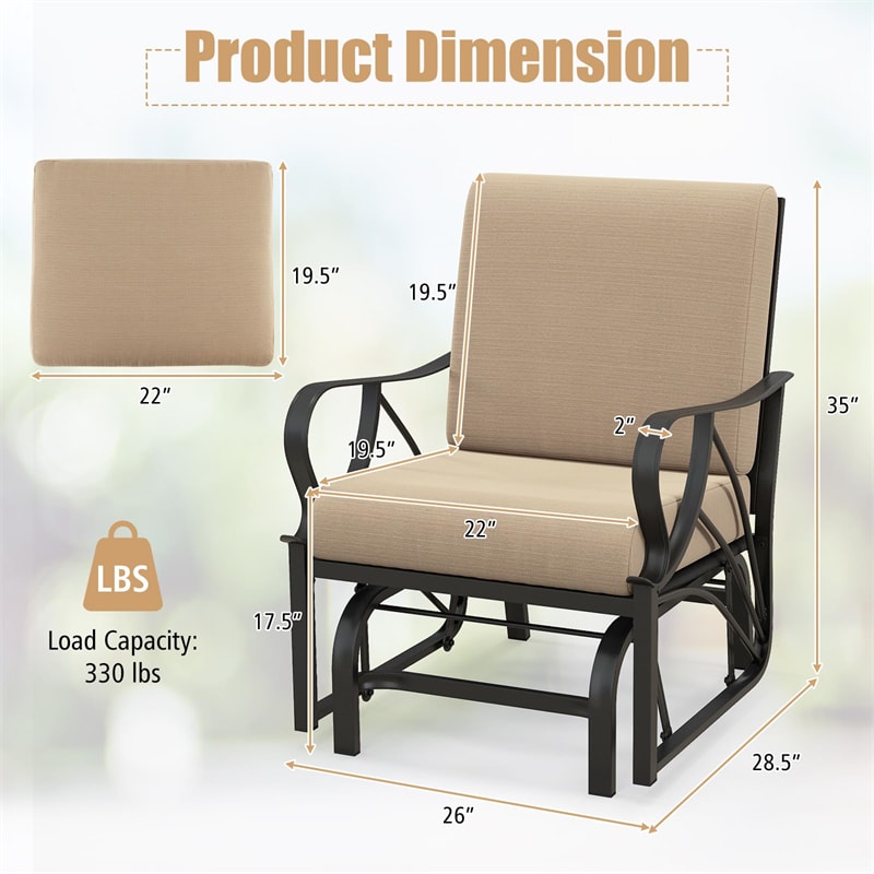 Patio Glider Chair with Thick Cushions Curved Armrest, Heavy Duty Metal Frame Single Person Outdoor Rocking Chair for Porch Garden Yard