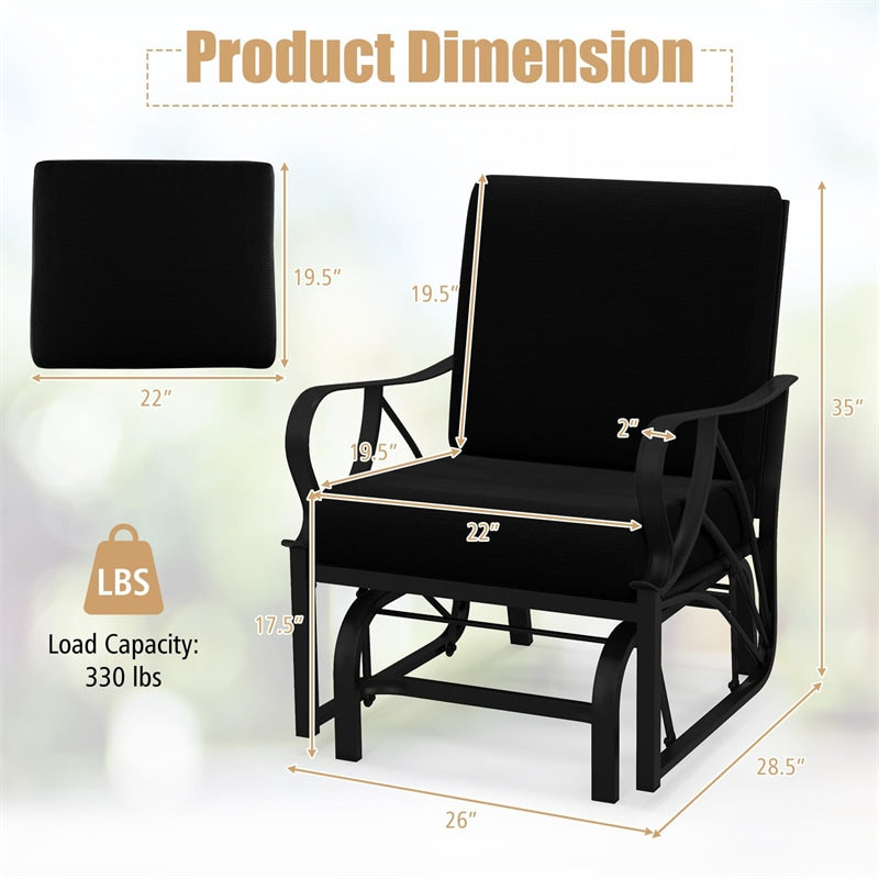 Patio Glider Chair with Thick Cushions Curved Armrest, Heavy Duty Metal Frame Single Person Outdoor Rocking Chair for Porch Garden Yard