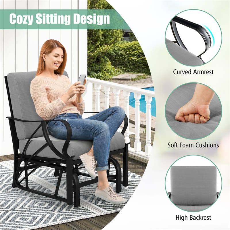 Patio Glider Chair with Thick Cushions Curved Armrest, Heavy Duty Metal Frame Single Person Outdoor Rocking Chair for Porch Garden Yard