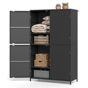 Outdoor PE Rattan Storage Cabinet, 4-Door Vertical Shed Organizer with Adjustable Shelves & Anti-Toppling Device for Patio Garden Backyard