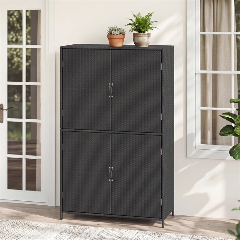 Outdoor PE Rattan Storage Cabinet, 4-Door Vertical Shed Organizer with Adjustable Shelves & Anti-Toppling Device for Patio Garden Backyard