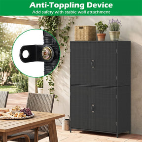 Outdoor PE Rattan Storage Cabinet, 4-Door Vertical Shed Organizer with Adjustable Shelves & Anti-Toppling Device for Patio Garden Backyard