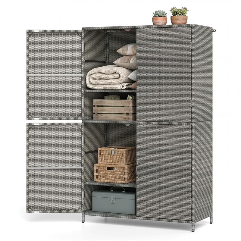 Outdoor PE Rattan Storage Cabinet, 4-Door Vertical Shed Organizer with Adjustable Shelves & Anti-Toppling Device for Patio Garden Backyard