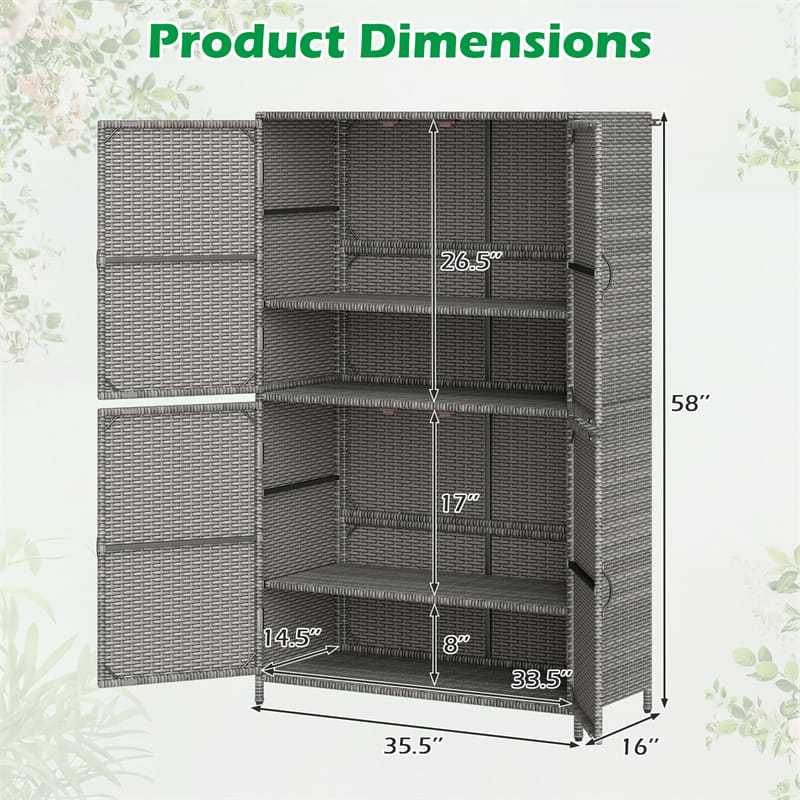 Outdoor PE Rattan Storage Cabinet, 4-Door Vertical Shed Organizer with Adjustable Shelves & Anti-Toppling Device for Patio Garden Backyard