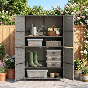 Outdoor PE Rattan Storage Cabinet, 4-Door Vertical Shed Organizer with Adjustable Shelves & Anti-Toppling Device for Patio Garden Backyard