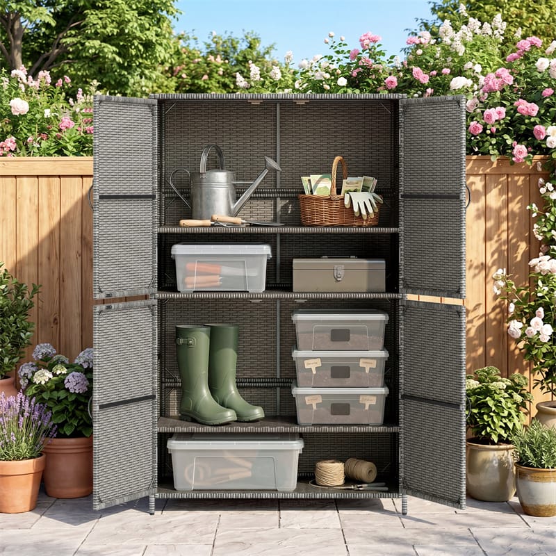 Outdoor PE Rattan Storage Cabinet, 4-Door Vertical Shed Organizer with Adjustable Shelves & Anti-Toppling Device for Patio Garden Backyard