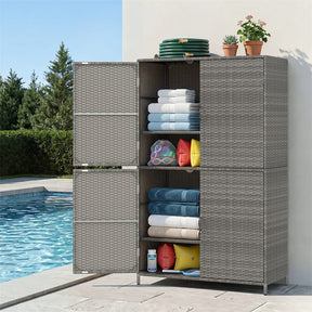 Outdoor PE Rattan Storage Cabinet, 4-Door Vertical Shed Organizer with Adjustable Shelves & Anti-Toppling Device for Patio Garden Backyard