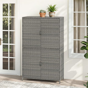 Outdoor PE Rattan Storage Cabinet, 4-Door Vertical Shed Organizer with Adjustable Shelves & Anti-Toppling Device for Patio Garden Backyard