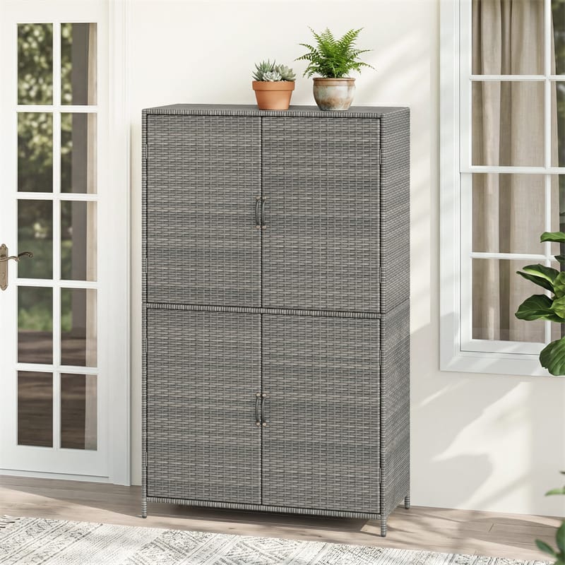 Outdoor PE Rattan Storage Cabinet, 4-Door Vertical Shed Organizer with Adjustable Shelves & Anti-Toppling Device for Patio Garden Backyard