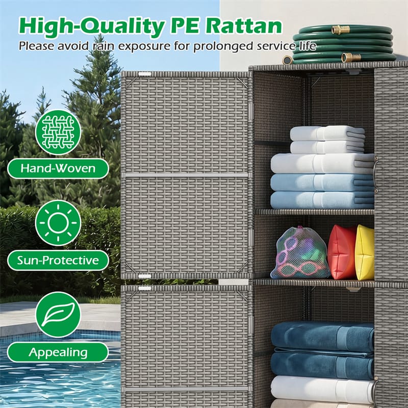 Outdoor PE Rattan Storage Cabinet, 4-Door Vertical Shed Organizer with Adjustable Shelves & Anti-Toppling Device for Patio Garden Backyard
