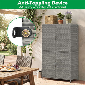 Outdoor PE Rattan Storage Cabinet, 4-Door Vertical Shed Organizer with Adjustable Shelves & Anti-Toppling Device for Patio Garden Backyard