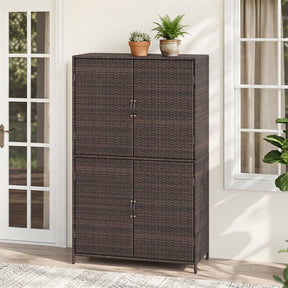 Outdoor PE Rattan Storage Cabinet, 4-Door Vertical Shed Organizer with Adjustable Shelves & Anti-Toppling Device for Patio Garden Backyard