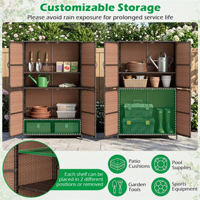 Outdoor PE Rattan Storage Cabinet, 4-Door Vertical Shed Organizer with Adjustable Shelves & Anti-Toppling Device for Patio Garden Backyard