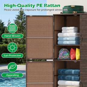 Outdoor PE Rattan Storage Cabinet, 4-Door Vertical Shed Organizer with Adjustable Shelves & Anti-Toppling Device for Patio Garden Backyard