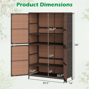 Outdoor PE Rattan Storage Cabinet, 4-Door Vertical Shed Organizer with Adjustable Shelves & Anti-Toppling Device for Patio Garden Backyard