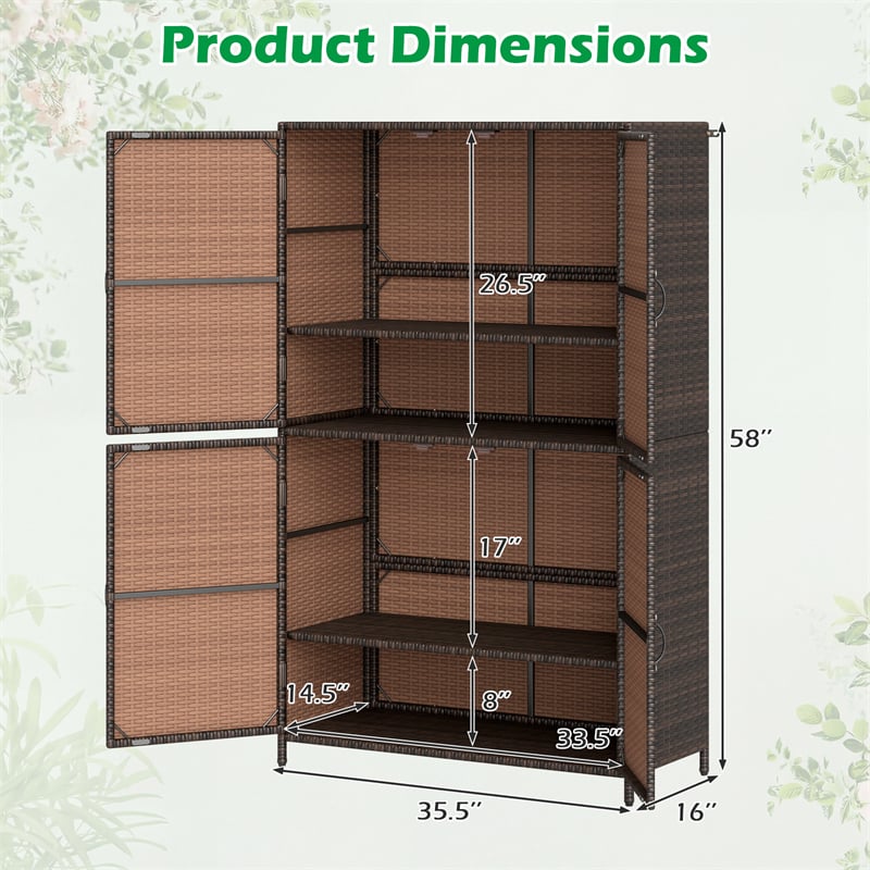 Outdoor PE Rattan Storage Cabinet, 4-Door Vertical Shed Organizer with Adjustable Shelves & Anti-Toppling Device for Patio Garden Backyard