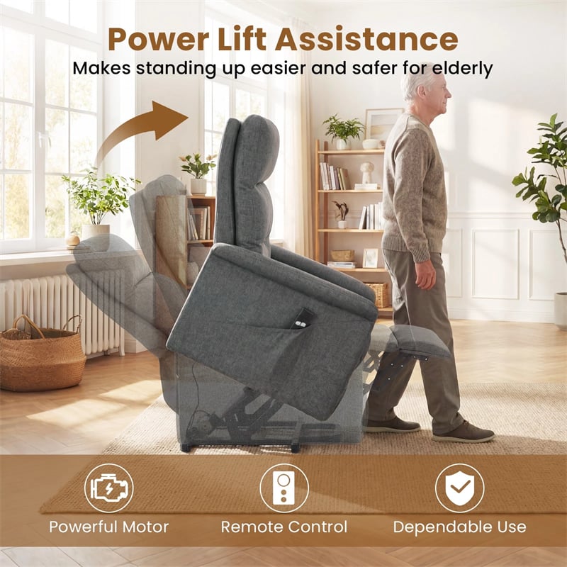 Power Lift Recliner Chair for Elderly, Electric Fabric Recliner Sofa with Remote Control, Side Storage Pocket & Retractable Footrest for Living Room