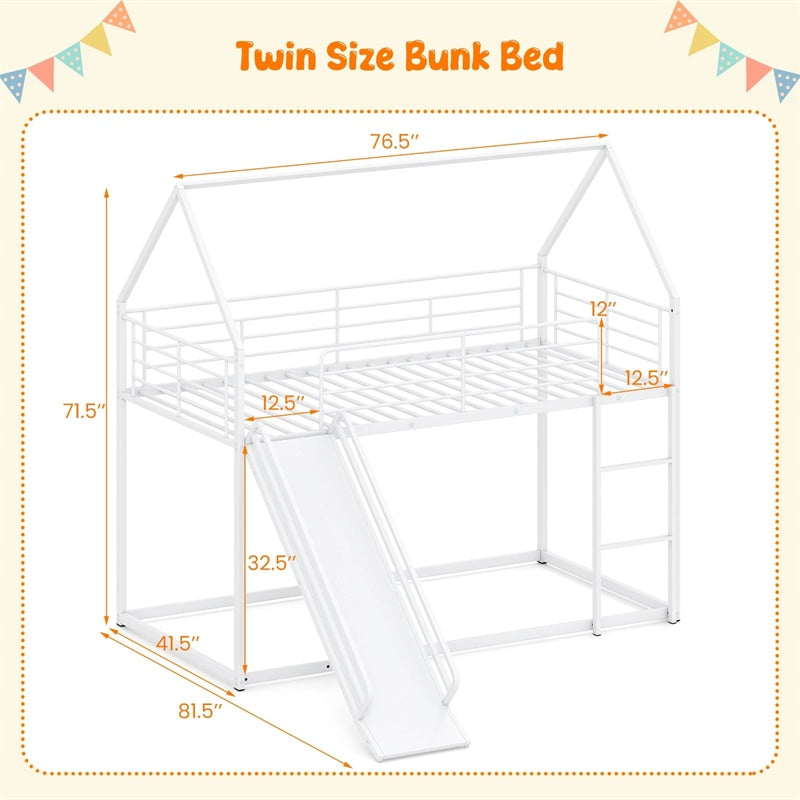 Twin Over Twin Low Bunk Bed with Slide & Ladder, House-Shaped Metal Bed Frame with Safety Guardrail & Roof for Boys Girls, No Box Spring Needed
