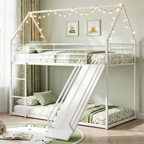 Twin Over Twin Low Bunk Bed with Slide & Ladder, House-Shaped Metal Bed Frame with Safety Guardrail & Roof for Boys Girls, No Box Spring Needed
