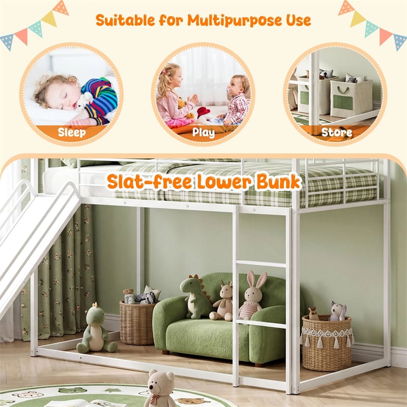 Twin Over Twin Low Bunk Bed with Slide & Ladder, House-Shaped Metal Bed Frame with Safety Guardrail & Roof for Boys Girls, No Box Spring Needed