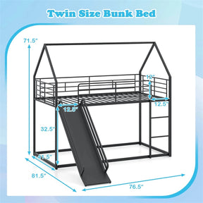 Twin Over Twin Low Bunk Bed with Slide & Ladder, House-Shaped Metal Bed Frame with Safety Guardrail & Roof for Boys Girls, No Box Spring Needed