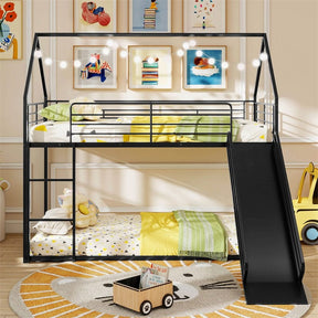 Twin Over Twin Low Bunk Bed with Slide & Ladder, House-Shaped Metal Bed Frame with Safety Guardrail & Roof for Boys Girls, No Box Spring Needed