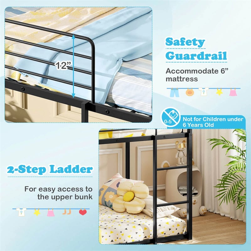 Twin Over Twin Low Bunk Bed with Slide & Ladder, House-Shaped Metal Bed Frame with Safety Guardrail & Roof for Boys Girls, No Box Spring Needed