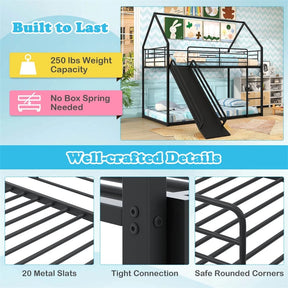 Twin Over Twin Low Bunk Bed with Slide & Ladder, House-Shaped Metal Bed Frame with Safety Guardrail & Roof for Boys Girls, No Box Spring Needed