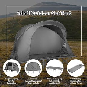 4-in-1 Camping Cot Tent for 1-Person, Foldable Elevated Tent with Waterproof External Cover, Air Mattress & Carrying Bag for Outdoor Hiking