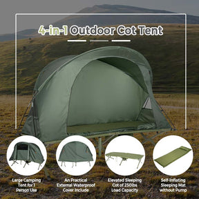 4-in-1 Camping Cot Tent for 1-Person, Foldable Elevated Tent with Waterproof External Cover, Air Mattress & Carrying Bag for Outdoor Hiking