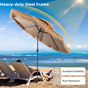 10 FT Thatched Patio Tiki Umbrella 2-Tier Hawaiian Style Grass Beach Umbrella with 8 Ribs, Tilt Adjustment, Manual Crank