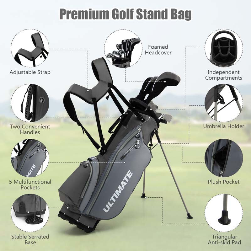 Men's Right Hand Complete Golf Clubs Set, 10 Pieces Golf Club Package Set with 460CC Alloy Driver, Fairway Wood, Putter & Golf Stand Bag